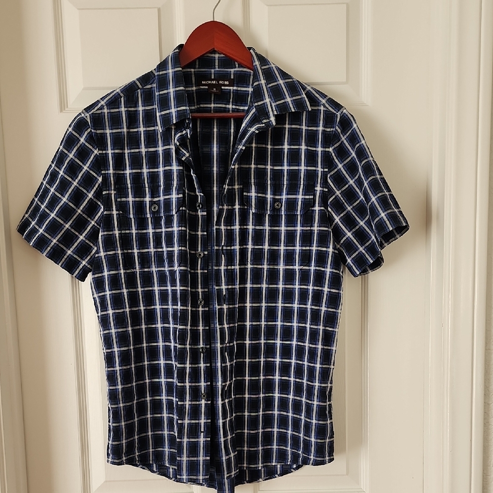 Michael Kors Men's Blue & White Plaid Shirt, Short Sleeve, Casual, Size M
